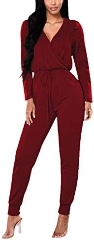 Fixmatti Women Low V Neck Drawstring Waisted Long Pant Romper Jumpsuit