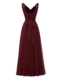 AlfaBridal - Vestido largo de gasa para dama de honor con cuello en V