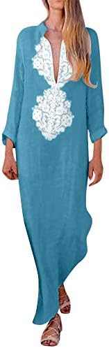 Women Boho Maxi Dress,Women’s Printed Long Sleeve V-Neck Maxi Dress Split Hem Baggy Kaftan Long Dress Party Loose Long Sleeve Cotton Viscose Dress
