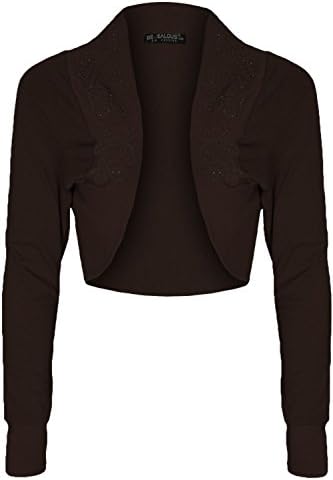 Oops Outlet Women's Diamantes Studded Cotton Bolero Cardigan Shrug Cropped Top Plus Size (US 20/22) Brown