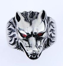 Skullcando 316L Stainless Steel Sliver Mens Red Eye Wolf Head Biker Ring US Size 10