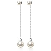 SLUYNZ Sterling Silver Pearls Dangle Earrings Chain for Women Teen Girls Pearls Wedding Drop Earrings for Brides Long Tassel