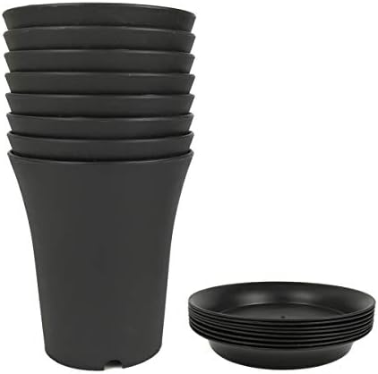 Tuokor 6.2 Inch Plastic Plant Pots with Trays, Black, Set of 8 Round Garden Flower Pots Planters for Orchid Succulent Herbs