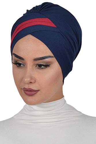Instant Turban Cotton Scarf Head Wrap Cancer Chemo Headwear Two Colored Blue Red - Thumbnail 2