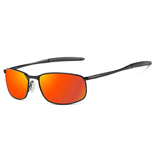 Polarized Sunglasses for Men, ZHILE 8-base Curve Wrap Metal Frame for Fishing Sporting Driving with Sunglasses Case (Black frame Orange Red mirrored lens, 57)