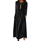 TIAFORD Women Long Sleeve Velvet Dress Casual Cewneck Flowy Holiday Shift Maxi Dress Loose Party Tshirt Dress with Pocket