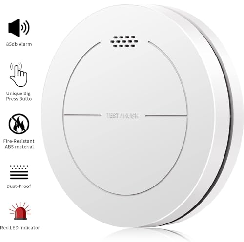 Smoke Detectors Set of 6, without Flashing LED, with 10 Year Battery, with Adhesive Pads, Mute Function, 85 dB Alarm Sound, Standalone Flat Fire Alarm for Home Fire Protection