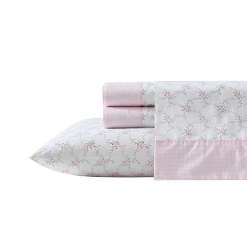 Laura Ashley - Sheet Set, Breathable Percale Cotton Bedding, 200 Thread Count, Deep Pocket, Chic Home Decor (Lynda Pink, Queen)