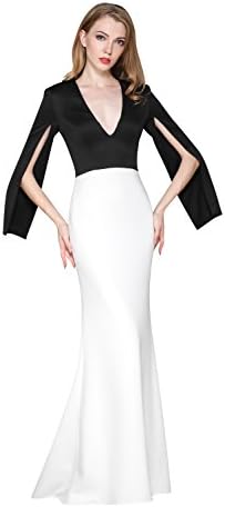 ChengDeYou Women's V-Neck Long Sleeve High Split Prom Evening Party Color Matching Long Maxi Dress (10, Black and White)