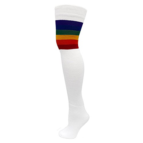 Ajs Retro Thigh High Tube Socks - White w/Rainbow