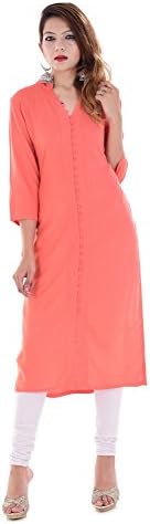 Mystique India Women's Rayon Potali Button Straight Long Kurti (Coral)