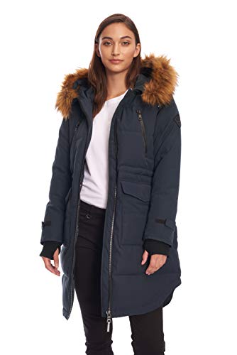 Alpine North Womens Vegan Down Drawstring Winter Parka, Navy, M