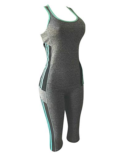 Women Gym Yoga Workout Activewear Set 2 Pieces Top+Leggings Set Sportswear (L/XL = US 8-12, Mesh Mint Green/Grey)