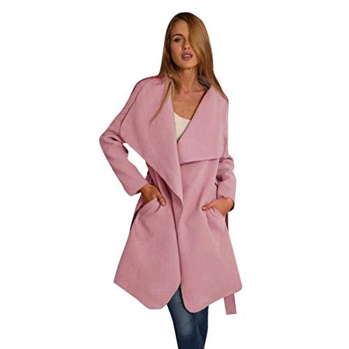 Elogoog Women's Casual Open Front Cardigan Wide Lapel Woolen Trench Coats with Belt (M, Pink)