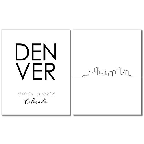 TnT Prints - Denver Colorado Cityscape Skyline Wall Art - Set of two (8x10) Skyline Art - Black and White Poster