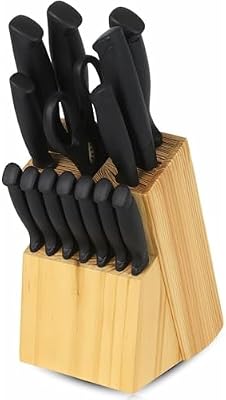 .- Juego de cuchillos de cocina de 14 piezas con bloque de madera - hojas de acero inoxidable revestido de negro, cuchillo de chef, pan, bistec + tijeras
