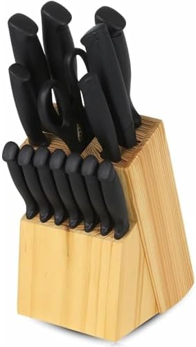 .- Juego de cuchillos de cocina de 14 piezas con bloque de madera - hojas de acero inoxidable revestido de negro, cuchillo de chef, pan, bistec + tijeras
