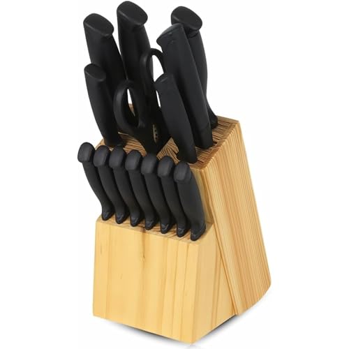 .- Set de couteaux de cuisine 14 pièces avec bloc en bois – Lames en acier inoxydable revêtement noir