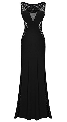 Kearia Women Nude Illusion V Neck Deep Sexy Lace Prom Evening Gowns Lace Long Dress Black Large