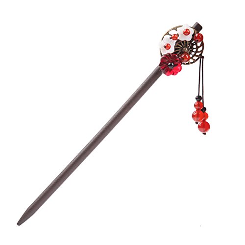 7inch- Wooden Hair Pin Chinese Lacquer Plum blossom Shell Hair Sticks Hairpin with Tassel Pearls Dangle Retro for Women Girls Long Hair Styling (Plum blossom)