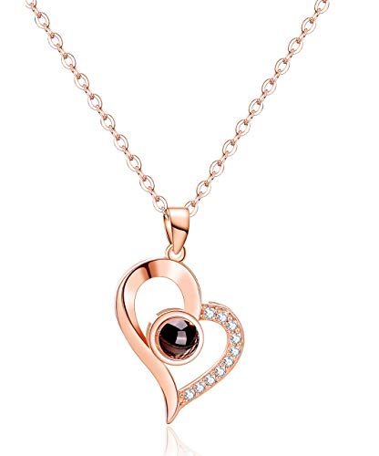 Tornito Gold Plated 100 Languages I Love You Memory Necklace Projection Pendant Necklace for Women (B1:Heart Shape, Rose Gold Tone)