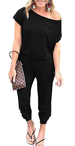 RichCoco Women's Floral Printed Jumpsuit Casual O Neck Loose Long Wide Legs Pants Jumpsuit Rompers with Pockets (Black 1, L)