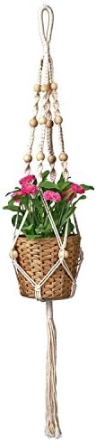 Aincrso Cotton Macrame Plant Hanger with Beads White indoor outdoor Hanging Planter Wall Mount Home Decoration. 42”