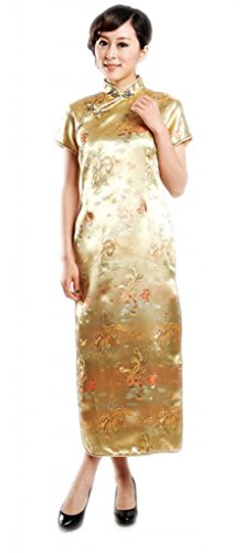 JTC Women's Dragon and Phoenix Print Long Cheongsam Dress Gold