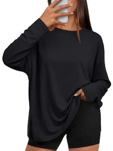 Trendy Queen Womens Oversized Side Slit Long Sleeve Shirts Fall Tops Black at Amazon