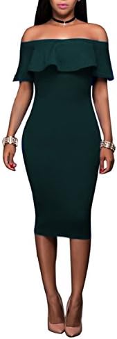 Dynen Women's Off Shoulder Ruffles Bodycon Cocktail Party Midi Dress