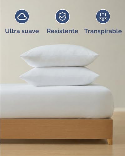 Jersey Fitted Sheet Cotton 180 x 200 cm White + 2 Pillowcases 80 x 80 cm – Pack of 3 – 100% Cotton – Terry 40 cm / 16 Inches – Soft, Wrinkle and Hypoallergenic – Oeko-Tex Standard 100 Certified