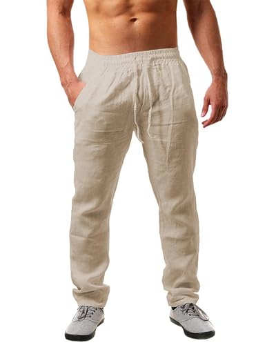 Nemxce Leinenhose Herren Lang Leichte Sommerhose Herren Loose Fit Freizeithose Mit Taschen Kordelzug Für Urlaub Strand Yoga Alltag