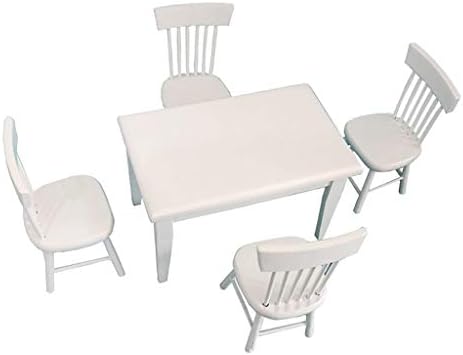 OIKAY Dollhouse Table Chair Model Set,1:12 Dollhouse Miniature Furniture Wooden White Dining Table Chair Model Set