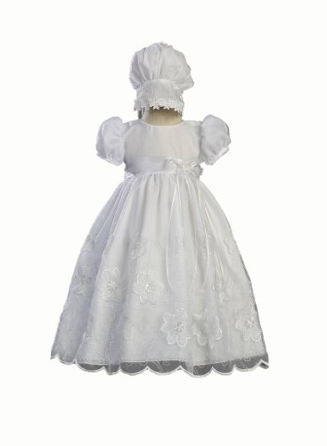 White Embroidered Organza Christening Baptism Gown with Matching Bonnet - Size XS (0-3 Month)