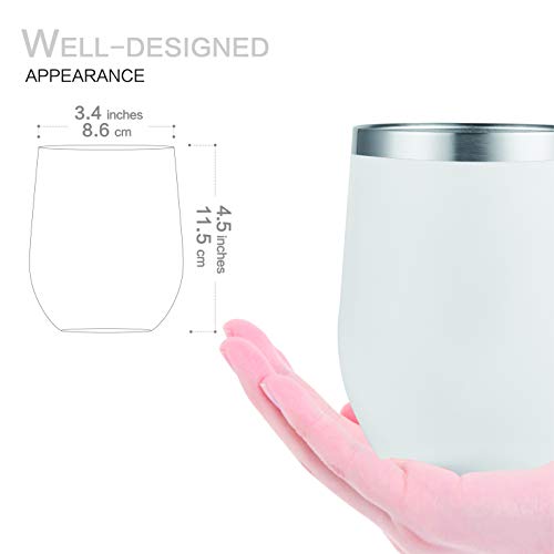 HITSLAM Wine Tumbler 12oz Stainless Steel Tumbler Vacuum Insulated Wine Glass Double Wall Coffee Mug for Champaign, Beer, Office use includes Straw Lid, Straw, Cleaning Brush (White)