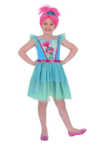 Smiffys Trolls Band Together Poppy Costume, Childrens Pink Dress with Glitter Tulle Skirt, Official License Outfit with Shoulder Detail & Official Poppy Print, Official Trolls Halloween Fancy Dress