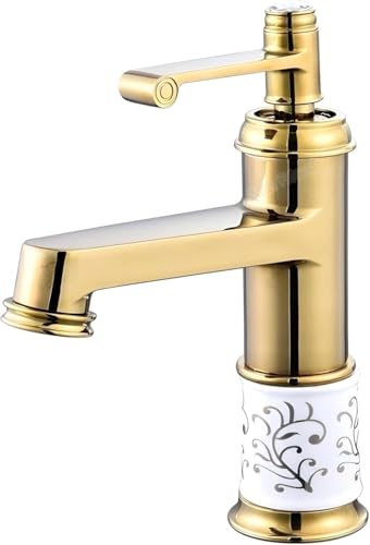 Luxury Gold Brass Bathroom Sink Faucet | Premium Ceramic Basin Mixer Tap with Single Handle | Anti-Rust Deck Mount Hot & Cold Water Tap for Home, Bathroom & Kitchen Vanity