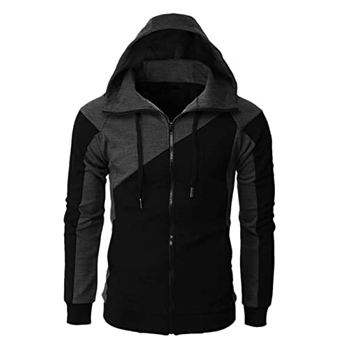 Mens Hoodies Full Zip Up Hooded Hoodie Sweatshirt Fleece Patchwork Jacket Solid Color Coat with Pockets Long Sleeve Pullover Winter Fall Clothest (Black, L)