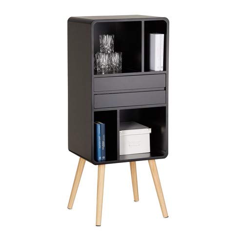 Relaxdays Standregal mit 5 Fächern, herausnehmbare Schublade, vierbeiniges Bücherregal, Holzbeine, 114x47x38 cm, schwarz