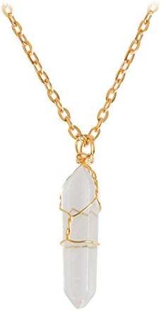 Pokich Hexagonal Natural Quartz Stone Pendant Healing Crystal Full Wire Wrap Gemstone Necklace for Women