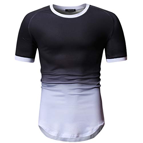 iYBUIA Summer Men's Patchwork Graduated Short Sleeved T-Shirt Top Blouse Black