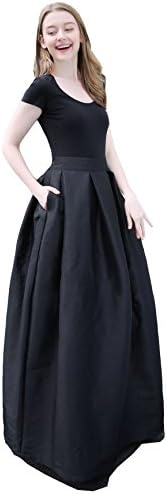 Irenwedding Women's High Waist Basic Hand Pockets Stretchy Pleated Skirt Midi Skirt Long Black M