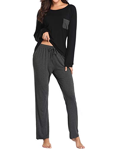 Lusofie Pajama Set Women Long Sleeve Sleepwear Round Neck Pjs Shirt with Elastic Waist Long Pants (Black/Dark Grey, XL)