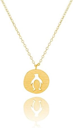 Little Cloud Jewelry Penguin Disk Necklace Gold Silver Dainty Brushed Metal (Gold Tone)