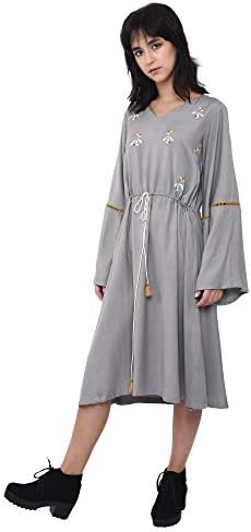 Women's Rayon Embroidered Tie-up Bohemian Dress (Grey, KHKU07)