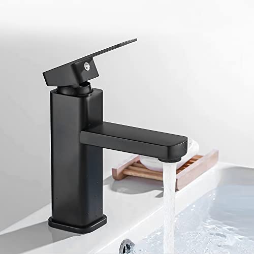 SOLVEX Mezcladora para Lavabo de Baño, Llave Monomando para Lavabo, Grifo para Lavabo de Baño, Llaves para Lavabo de baño Acero Inoxidable, con Líneas de Suministro, Acabado Negro, SP-10041-N