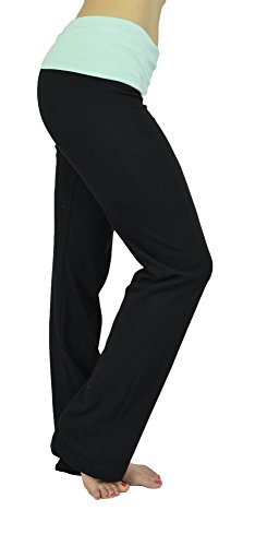 Belle Donne-Womens Workout Fexible Fold Over Cotton Yoga Pant-Aqua Marine/Large