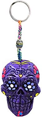 Day of the Dead Floral Sugar Skull Handpainted Figurine Dangle Keychain Macramé Silver Keyring Hanging Ornament Accessory