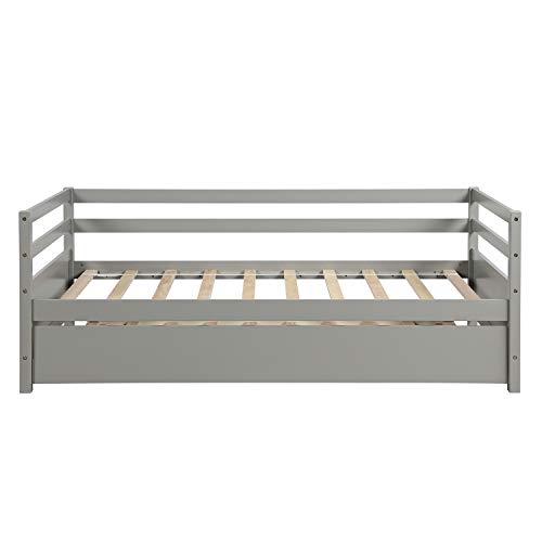 Daybed with Trundle, Rockjame Premium Twin Bed Frame with Strong Solid Wood Slat Support, Easy Assembly, No Box Spring Needed (Gray) - Thumbnail 4