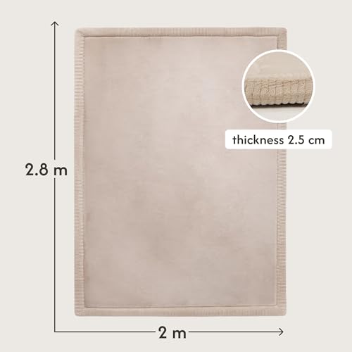 Premium Large Coral Velvet Baby Play Mat 280x200x2.5cm, Beige – High-Density Memory Foam Area Rug – Stylish Playmat for Floor with Non-Slip Backing for Crawling, Soft Play & Tummy Time - Easy Care Rug